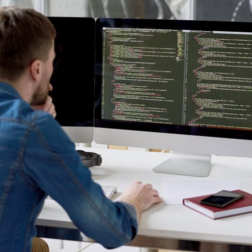 Introspective programmer examining code Rear view of concentrated thoughtful male programmer viewing computer language code on computer monitor while working on new program in modern office
